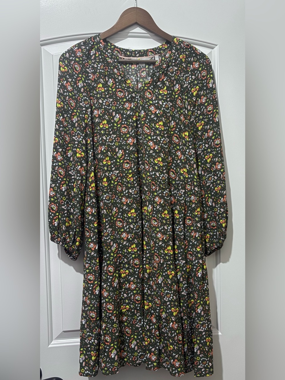 Boden Olive Floral Tiered Midi Dress Puff Sleeve UK 14R US 10R